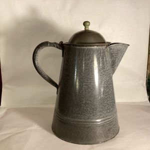 Gray granite coffee pot, tin lid and green wooden knob